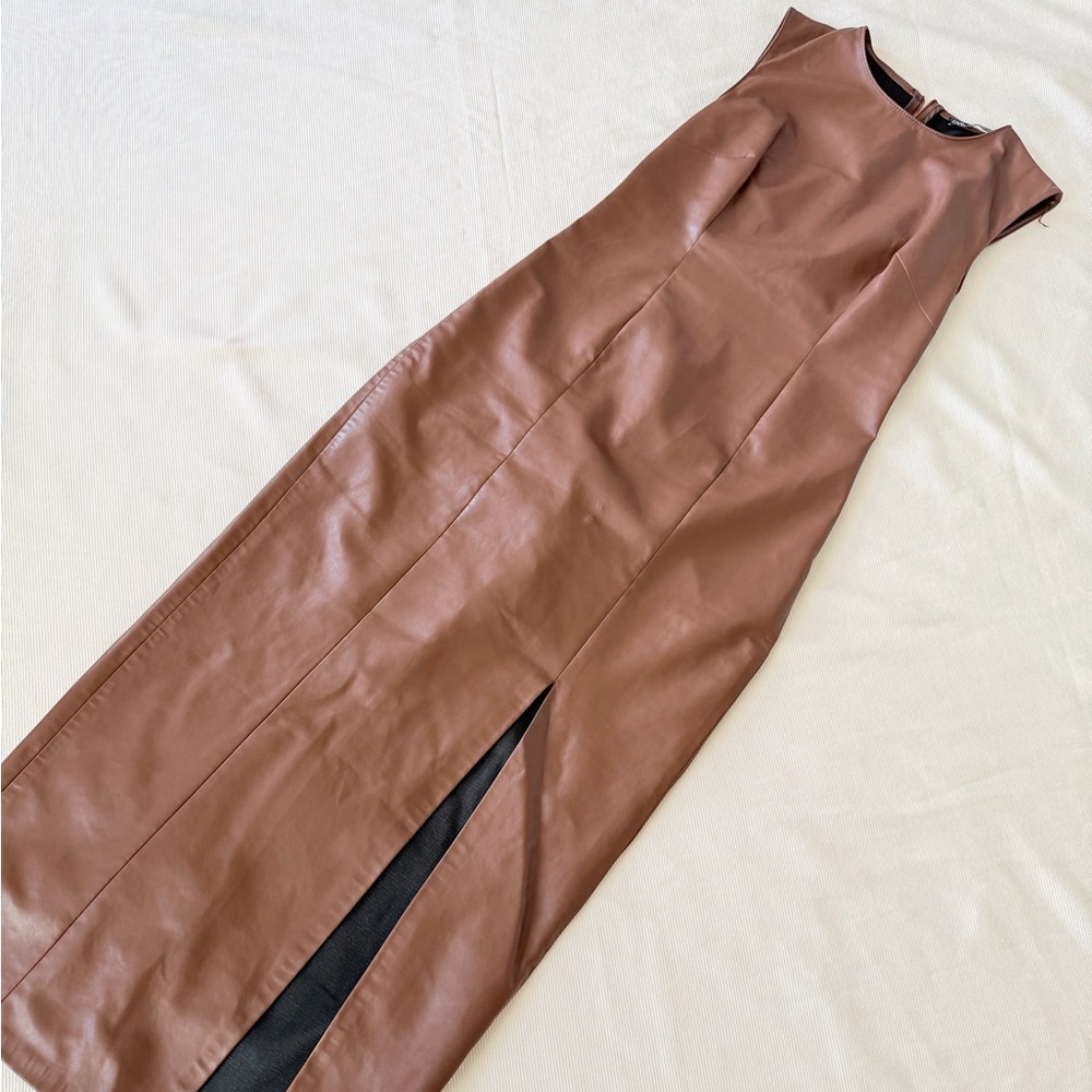 Zara Womens Dress Faux Leather Split Bodycon Sleeveless Brown Midi Small S